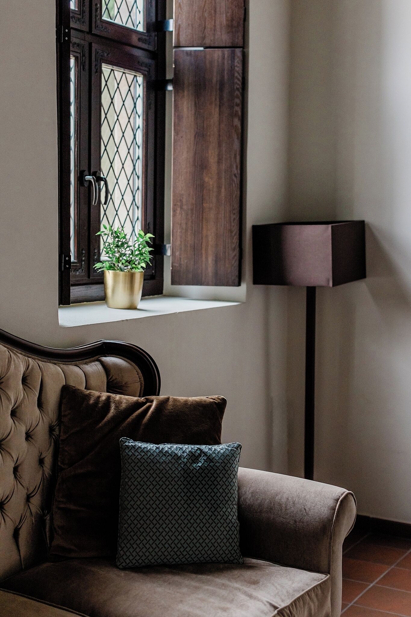 Una habitación con un sofá marrón, una ventana con una planta y una lámpara de pie.