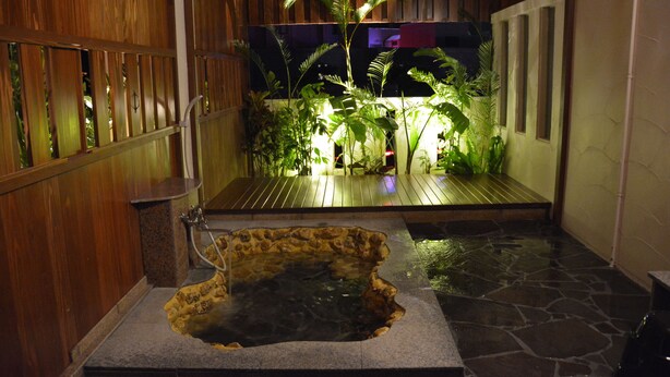 A stone hot tub in a wooden-floored area with a wooden fence and potted plants. - VILLA Kano (Okinawa)