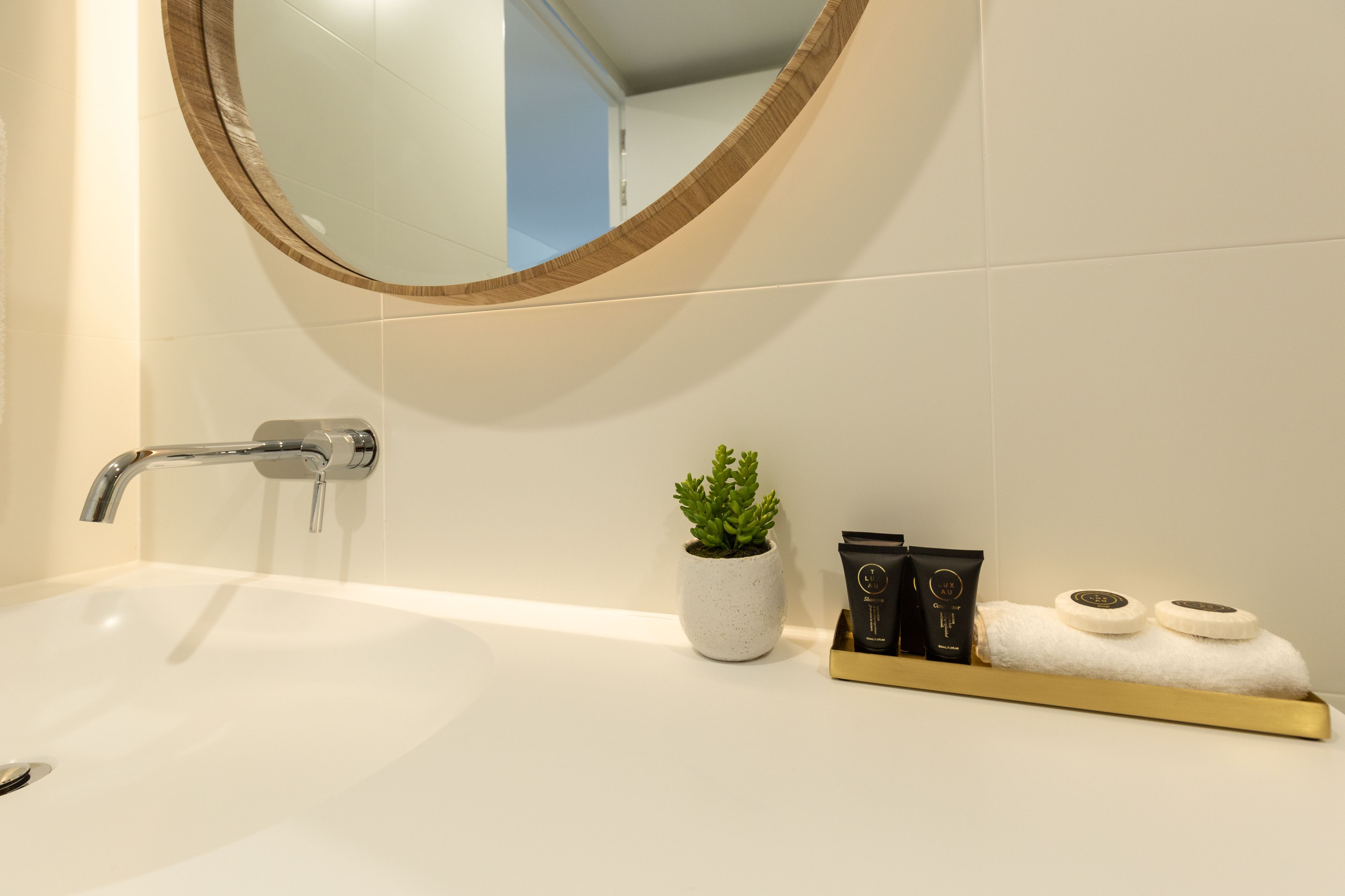 A bathroom with a white sink, a round mirror, a potted plant, and toiletries on a tray.
