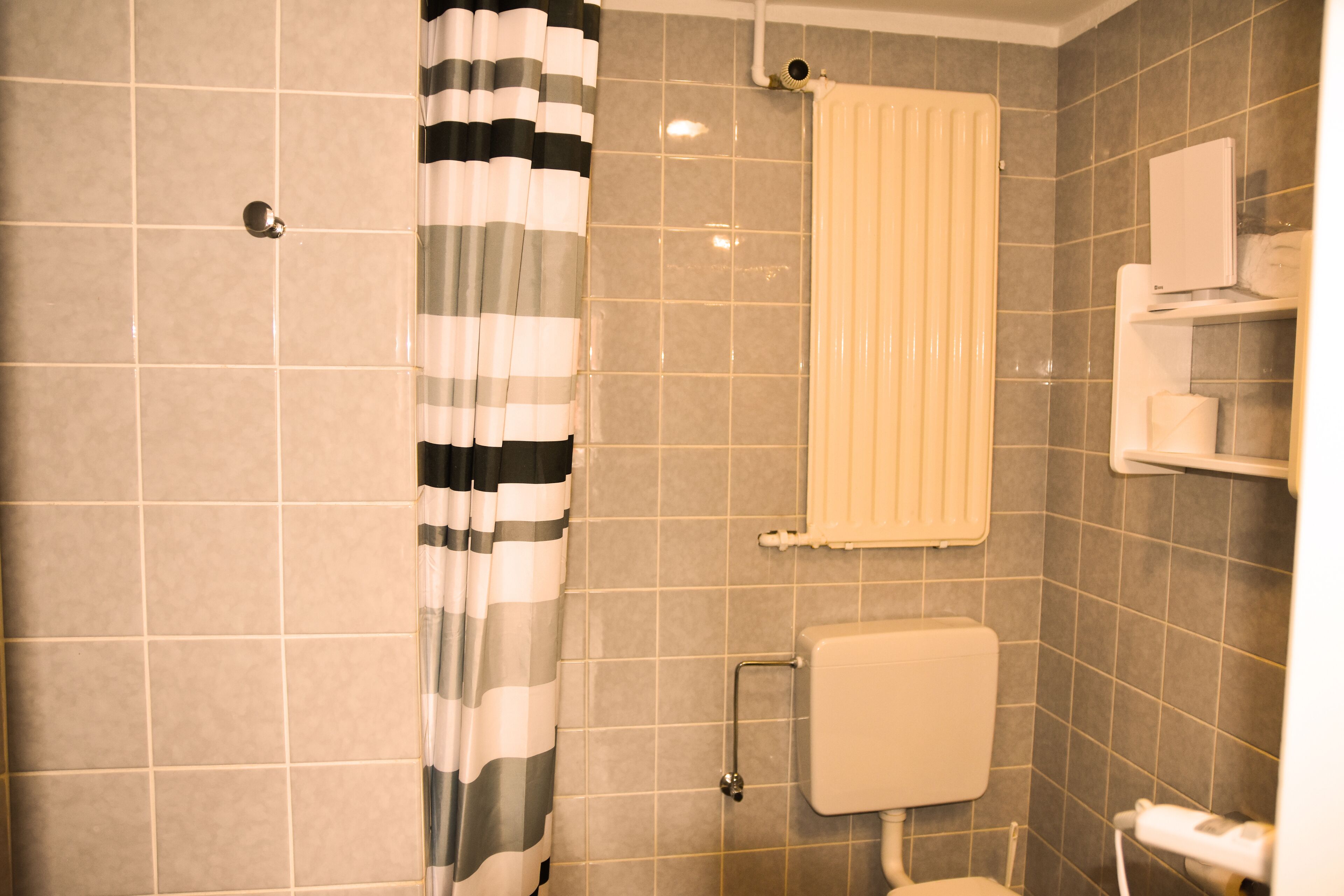Een badkamer met douche, toilet en handdoekrek.