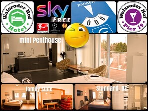 A hotel interior with a kitchenette, a seating area, and a balcony with a view. - Walsroder Hof (Walsrode)