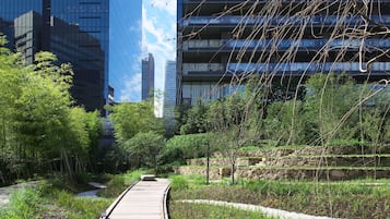 A wooden boardwalk leading through a landscaped area with dense greenery and a stone wall.