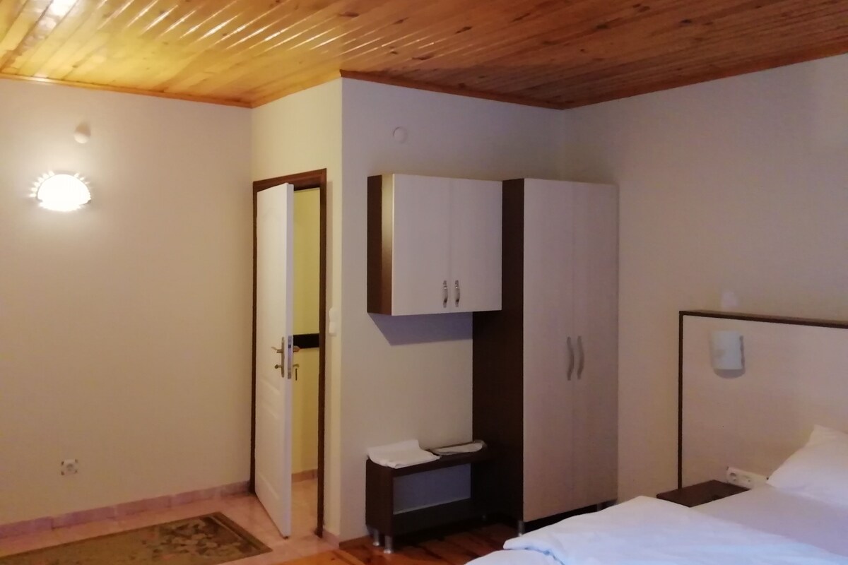 A bedroom with a wooden ceiling, a bed with white bedding, a small bedside table, a wardrobe, and a door leading to another room.