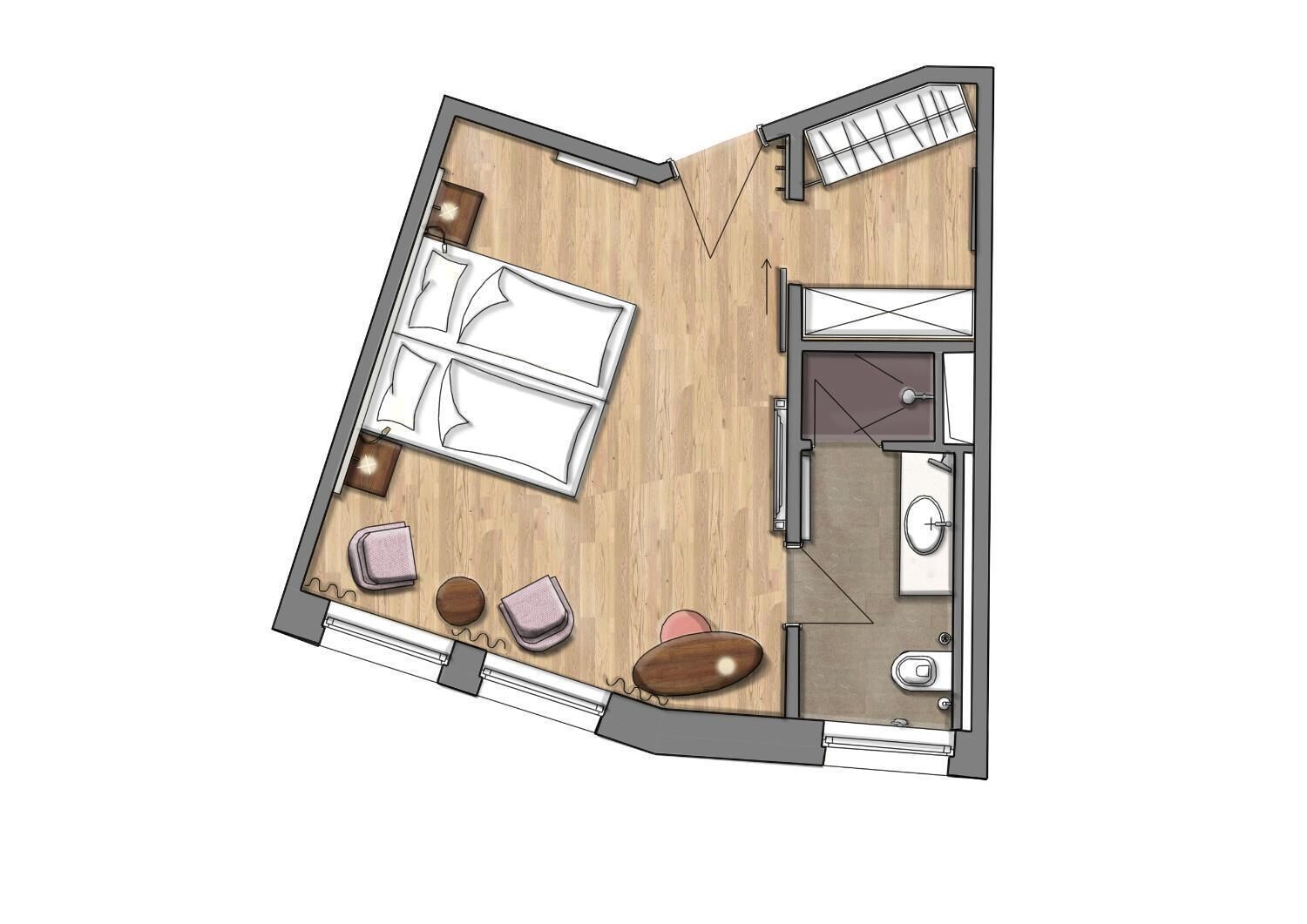Distribución de una habitación de hotel con cama, zona de estar, baño y un pequeño balcón.
