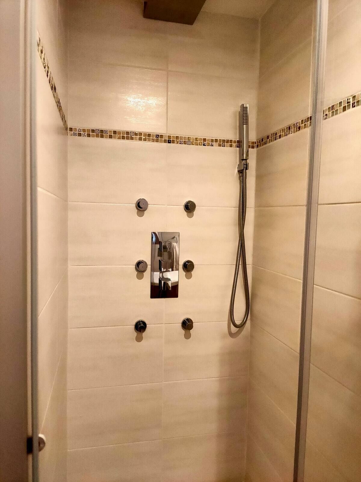 Une douche équipée d’un pommeau de douche à main, d’un panneau de commande mural et d’un mur carrelé agrémenté d’une bordure décorative.