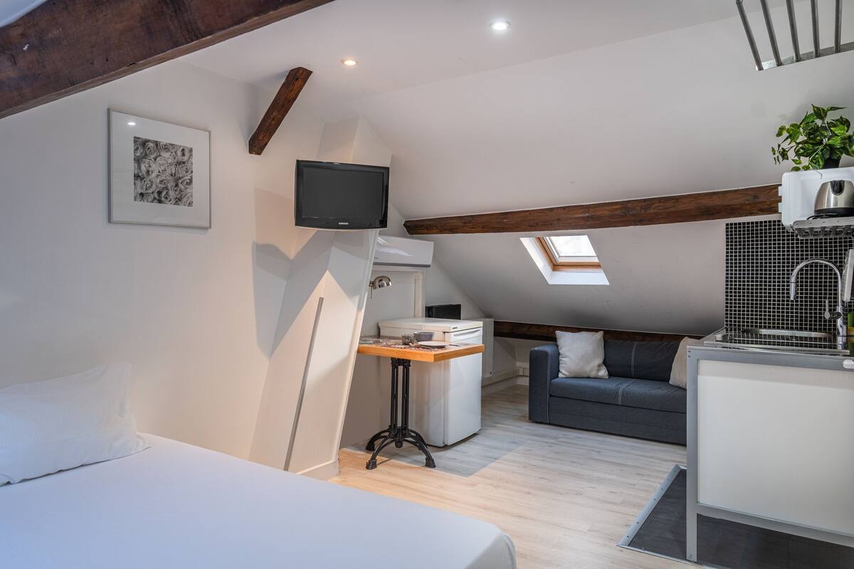 A modern loft bedroom with a bed, a desk, a TV, a sofa, and a skylight.