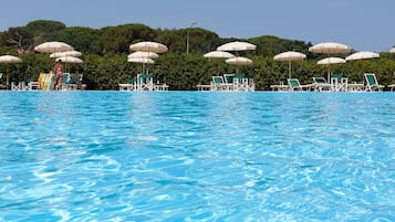 Seasonal outdoor pool, open 9:30 AM to 7:30 PM, pool umbrellas