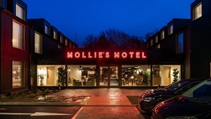 Un motel avec une enseigne au néon, une allée mouillée et des voitures garées.