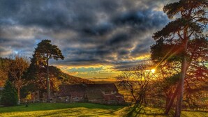 Un paysage rural avec une maison entourée d’arbres et un champ d’herbe.