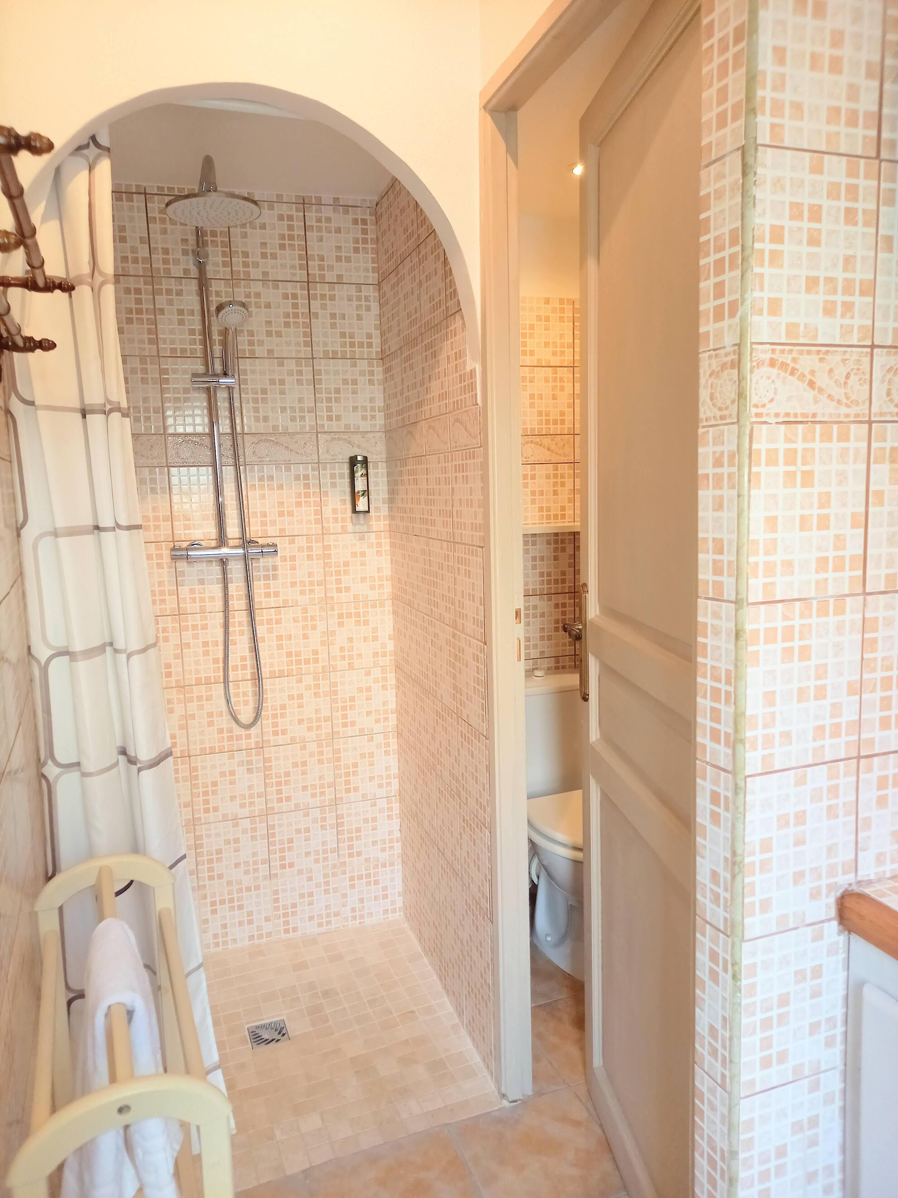 Een badkamer met een douche, betegelde muren, een toilet en een handdoekhouder.