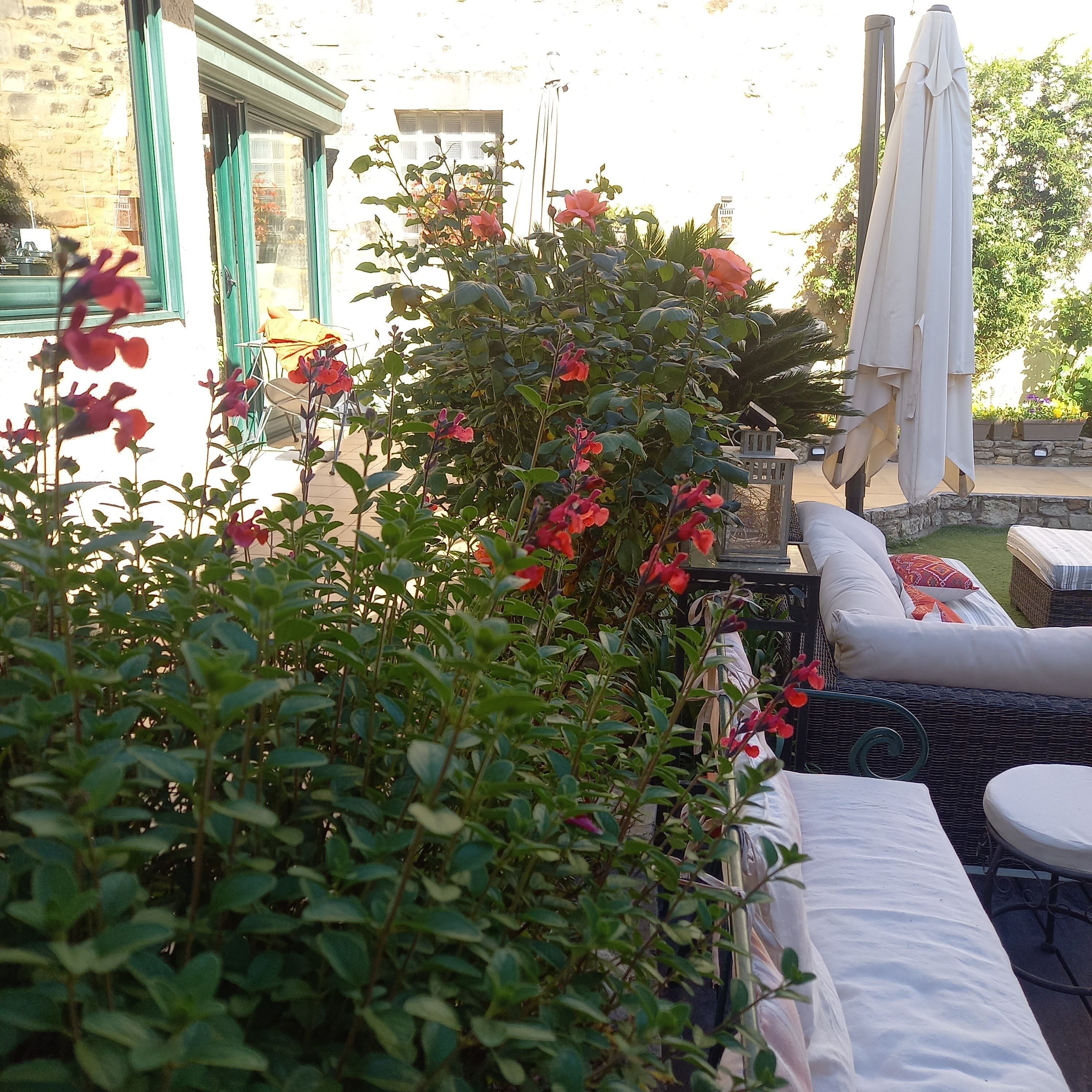 A patio area with outdoor furniture, a table, and a chair.