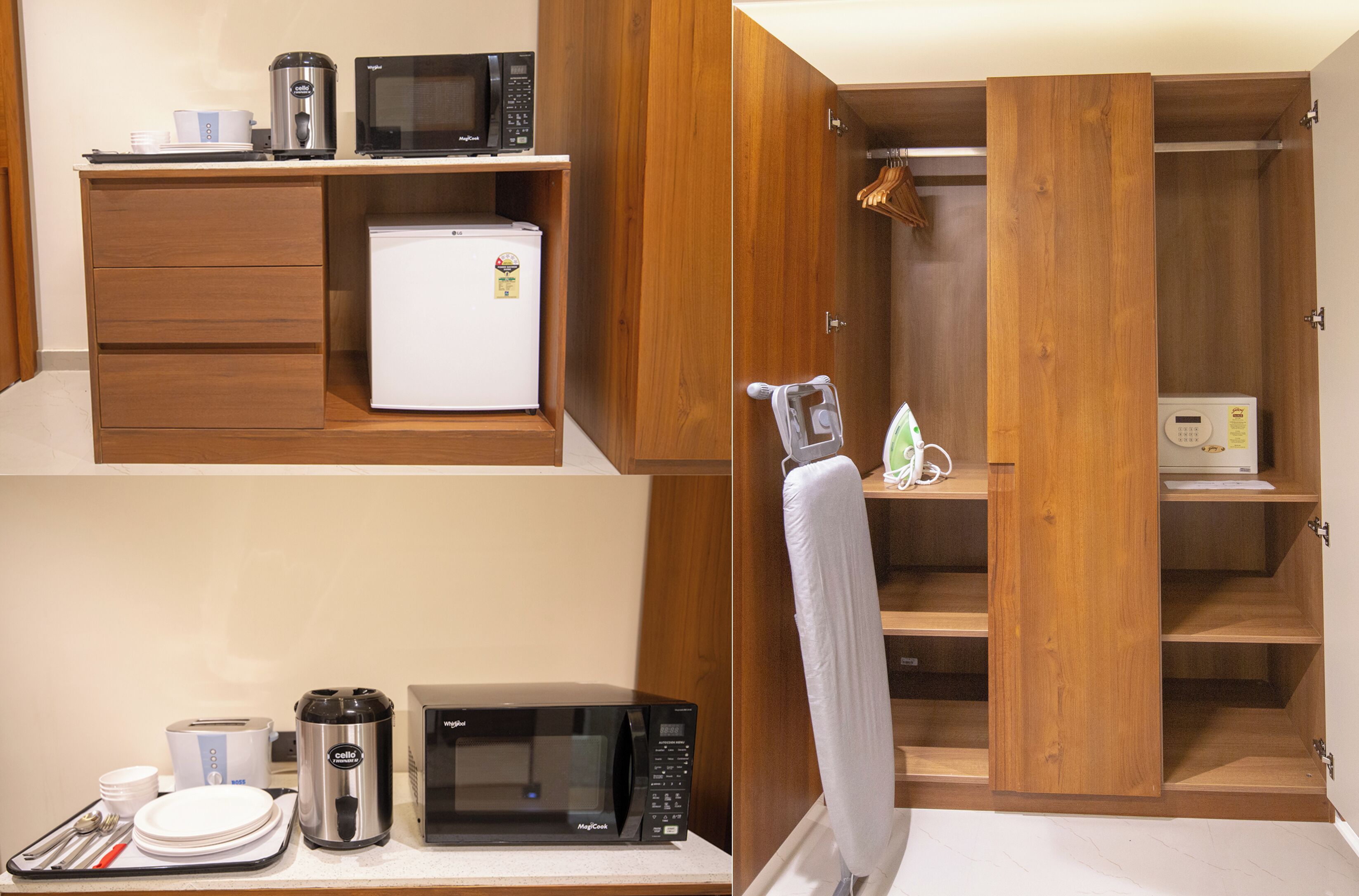 A compact kitchen with a refrigerator, microwave, and coffee maker.