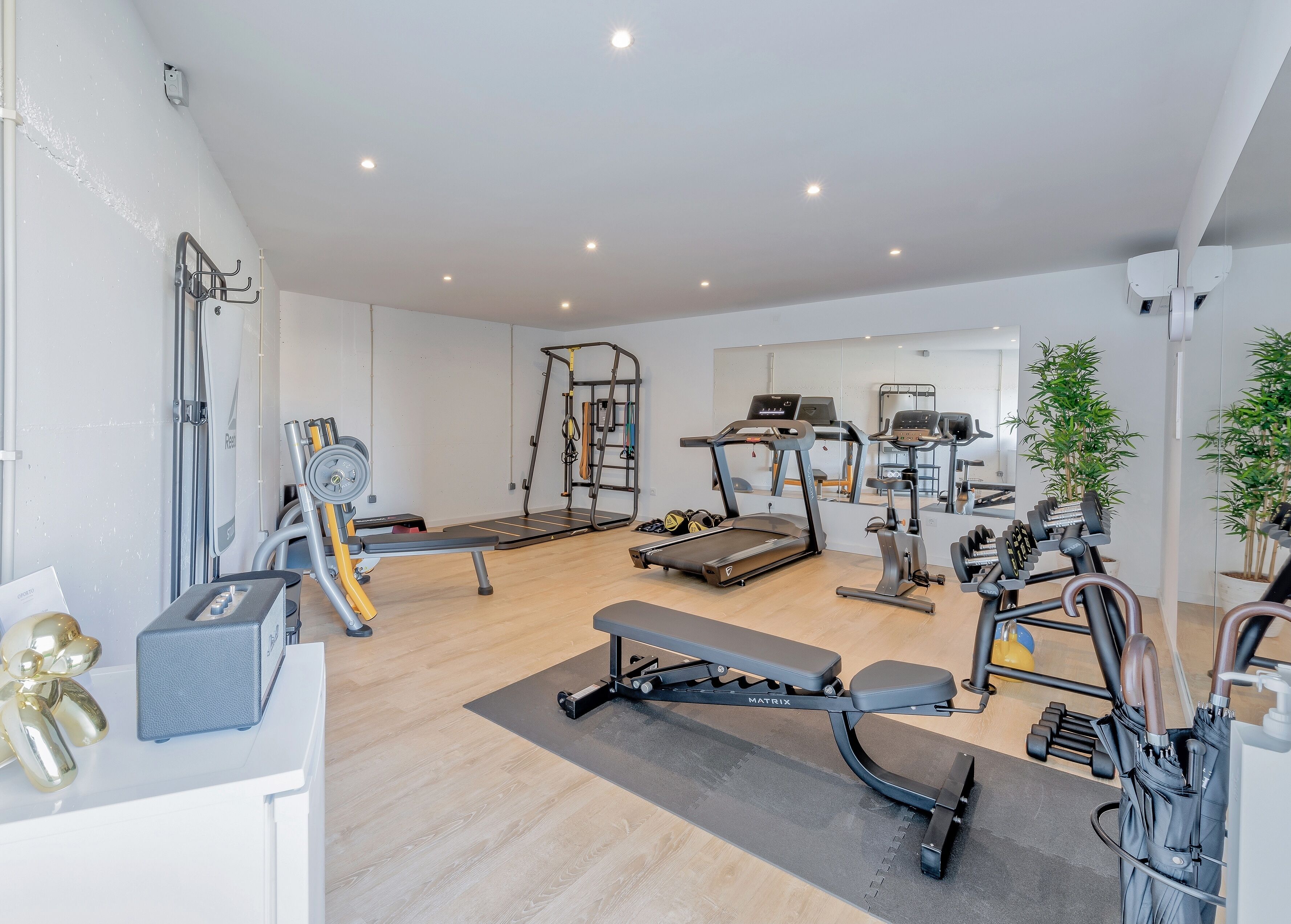 Een moderne sportschool met diverse fitnessapparaten, waaronder loopbanden, gewichten en een bank.