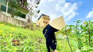 A person in a conical hat bending over a grassy area with plants and flowers. - Phong Nha Coco Riverside Homestay (Phong Nha)
