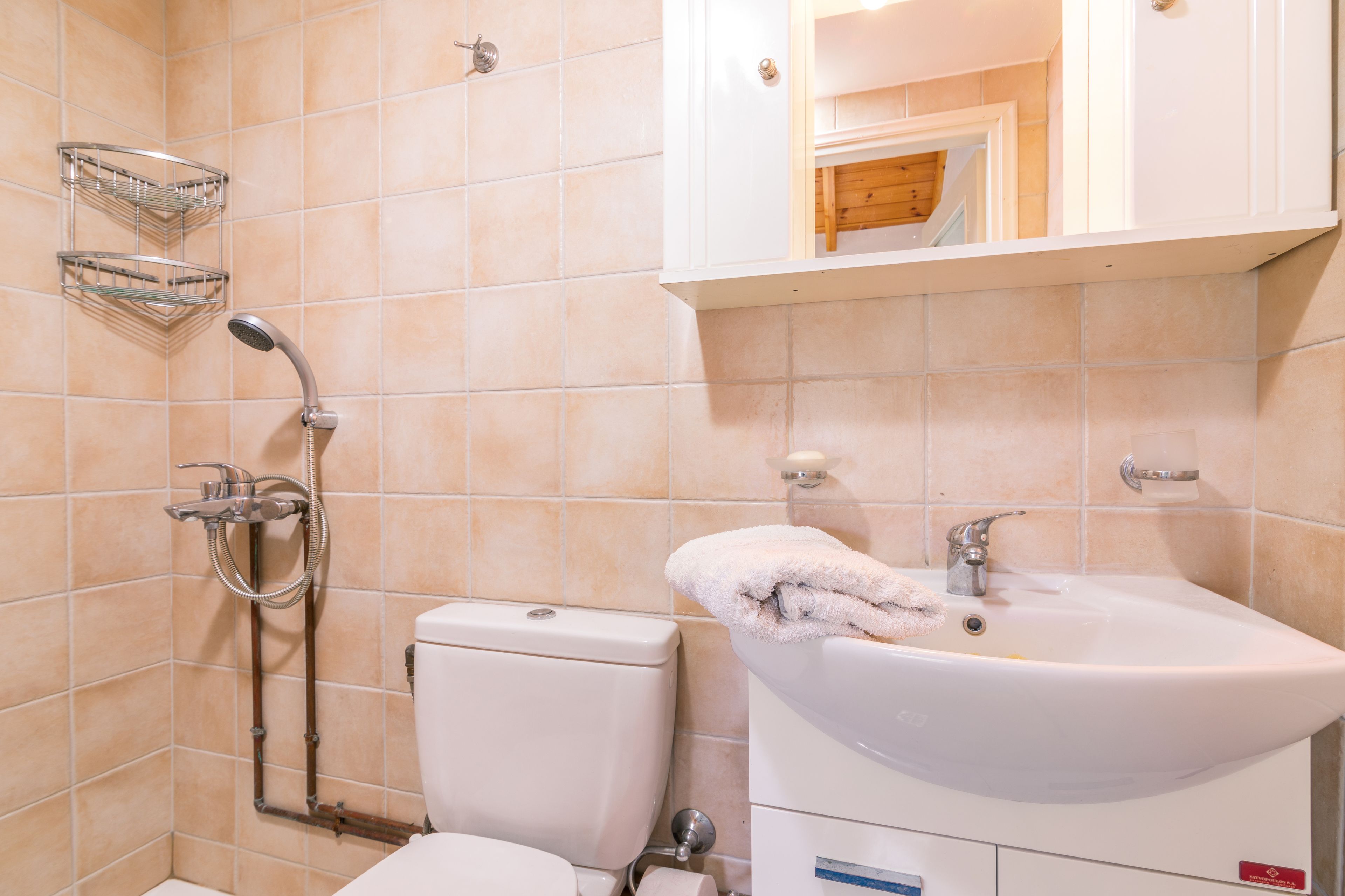 A bathroom with a toilet, sink, and shower. There are two towel racks and a mirror above the sink.