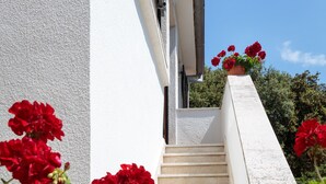 Un escalier menant à un bâtiment blanc, avec des fleurs rouges à sa base.