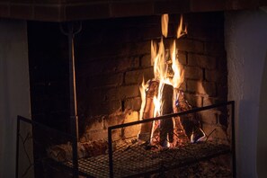 A fireplace with a fire burning inside, surrounded by a metal screen.