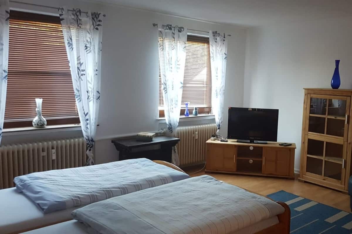 A bedroom with two beds, a TV on a wooden cabinet, a radiator, and a window with curtains.