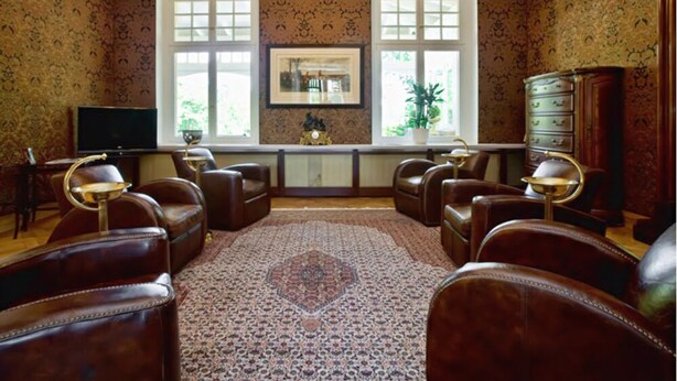 Une pièce dotée d’un tapis à motifs, de fauteuils en cuir, d’un téléviseur, d’une armoire et de deux fenêtres ornées de plantes.