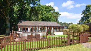 A small, single-story building with a porch, surrounded by a wooden fence and lush greenery. - Warren Cottage (Norwich)