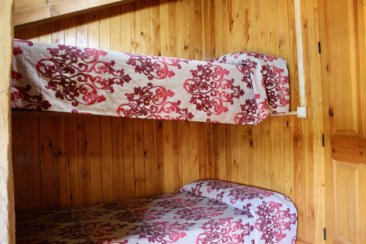 A bunk bed with a patterned bedspread in a wooden room.