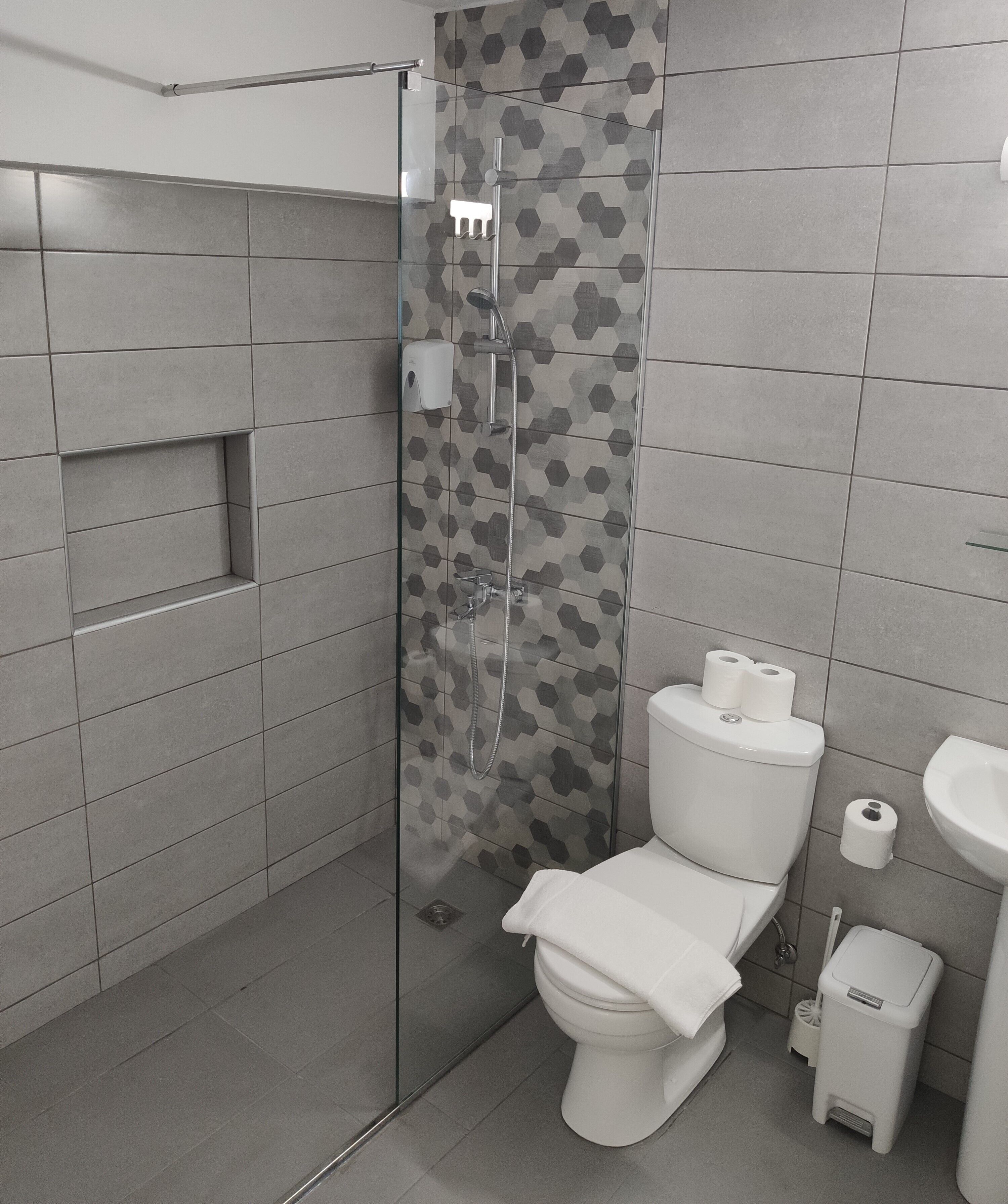 Ein modernes Badezimmer mit einer Duschkabine, einer Toilette und einem Waschbecken.