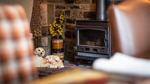A cozy room with a fireplace, a stone wall, and a dog resting near a vase of flowers. - Maypole Inn (Skipton)