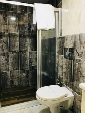 Duş, ücretsiz banyo/kozmetik ürünleri, saç kurutma makinesi, terlik