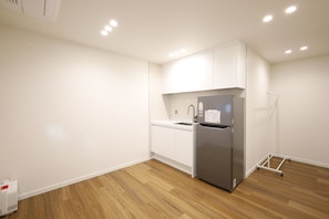 Fridge, microwave, electric kettle