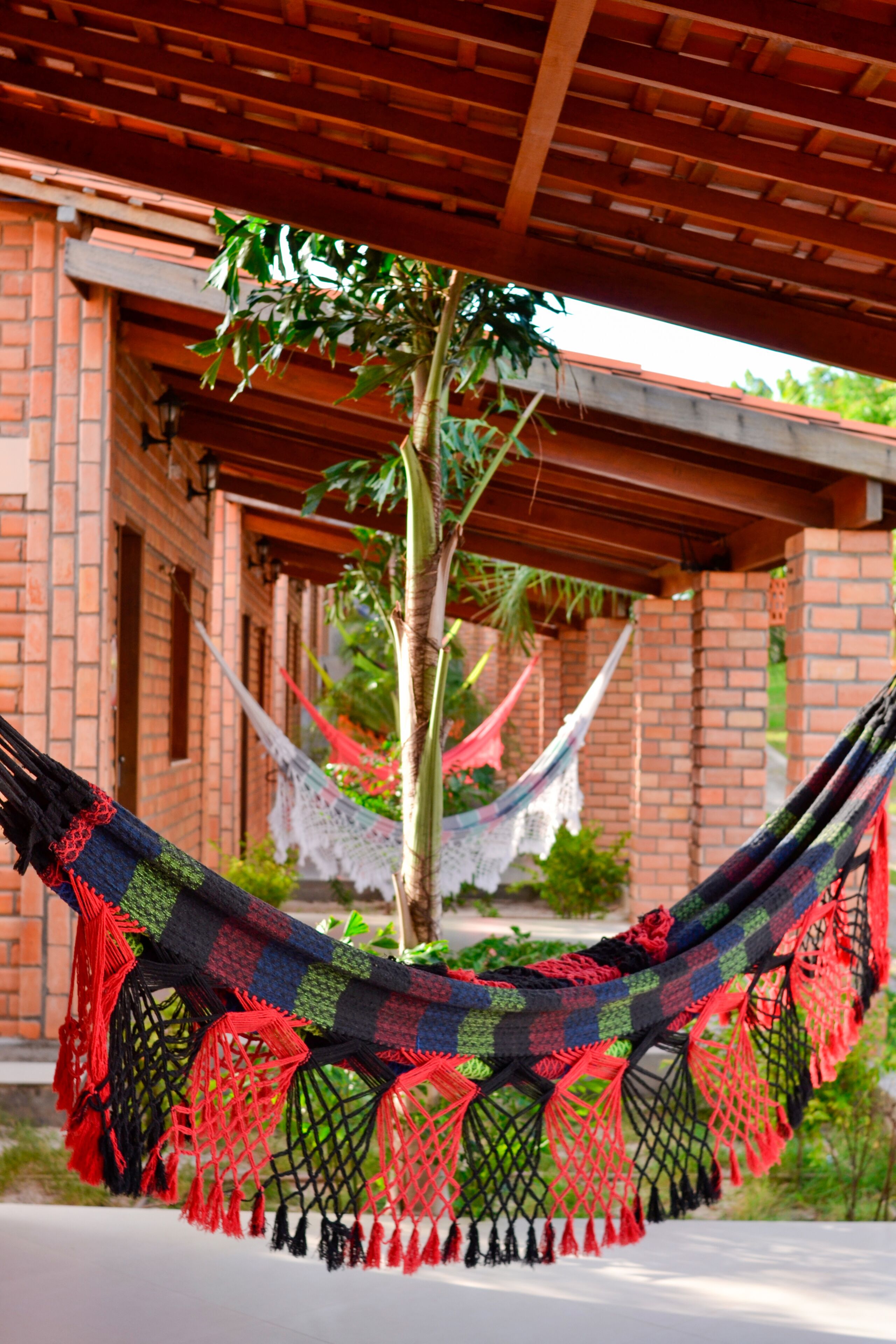 Una hamaca bajo una pérgola de madera, con un muro de ladrillo al fondo.