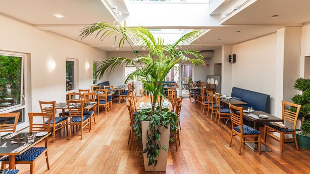 A spacious dining area with wooden tables and chairs, a central potted plant, and large windows allowing natural light. - Wilton Hotel Bray (Bray)