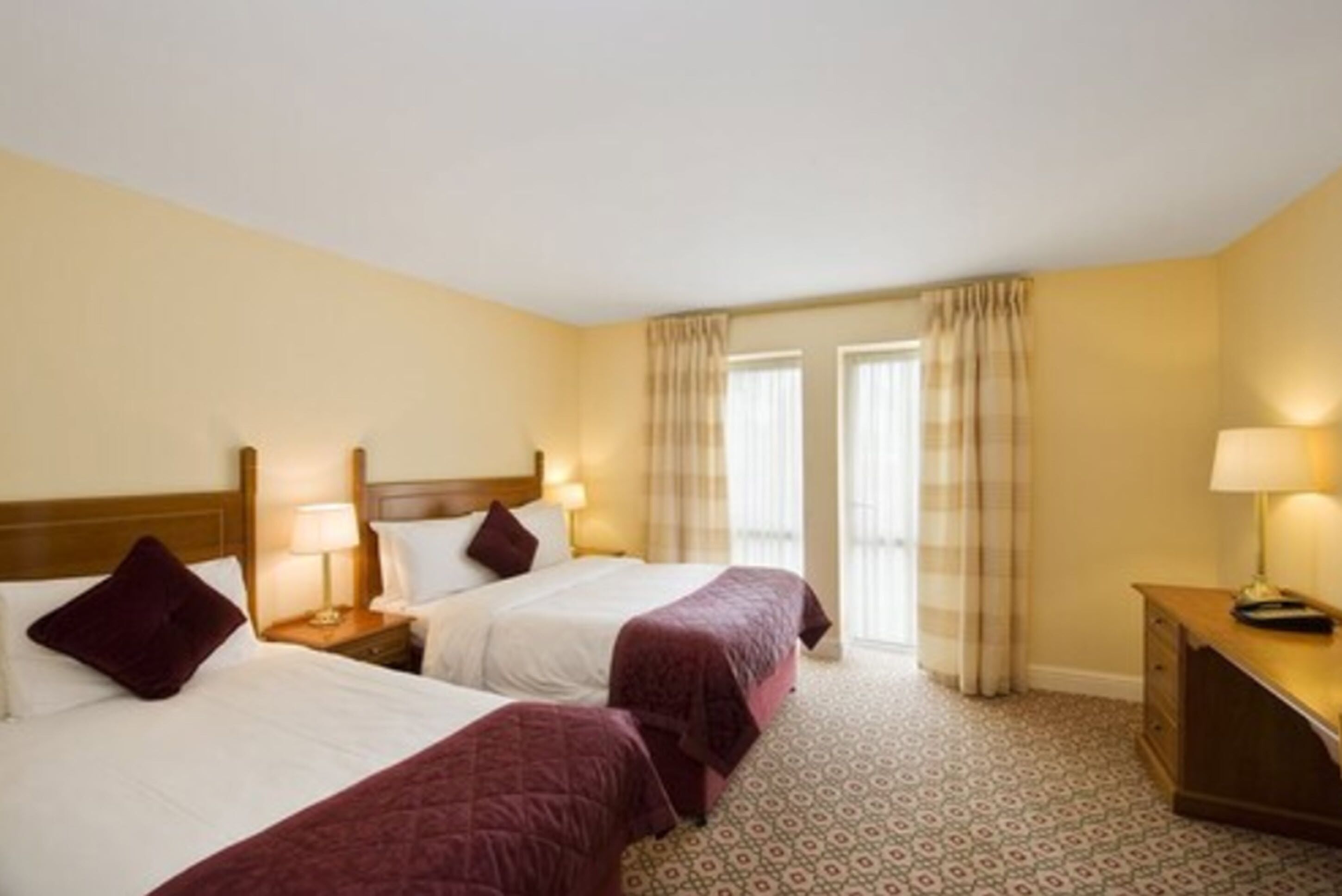 twin room | in-room safe, desk, laptop workspace, iron/ironing board