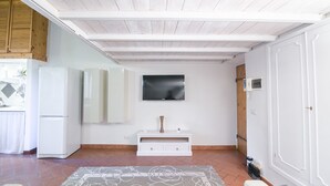 A room with a white wardrobe, a white TV on the wall, a white cabinet, and a patterned rug. - San Niccolò Loft by Mmega (Florence)