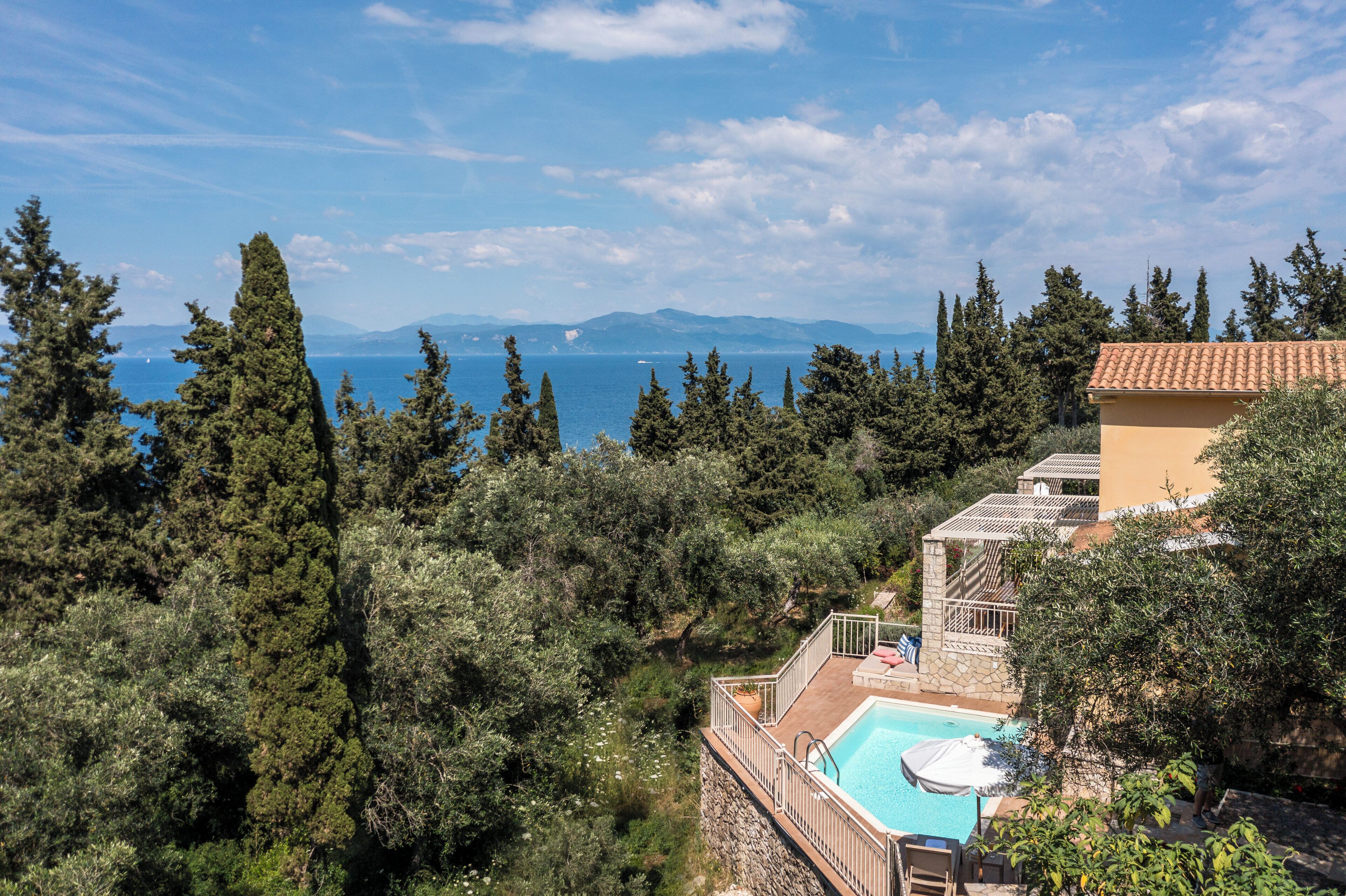 A pool with a view of the sea, surrounded by trees and a building with a tiled roof.