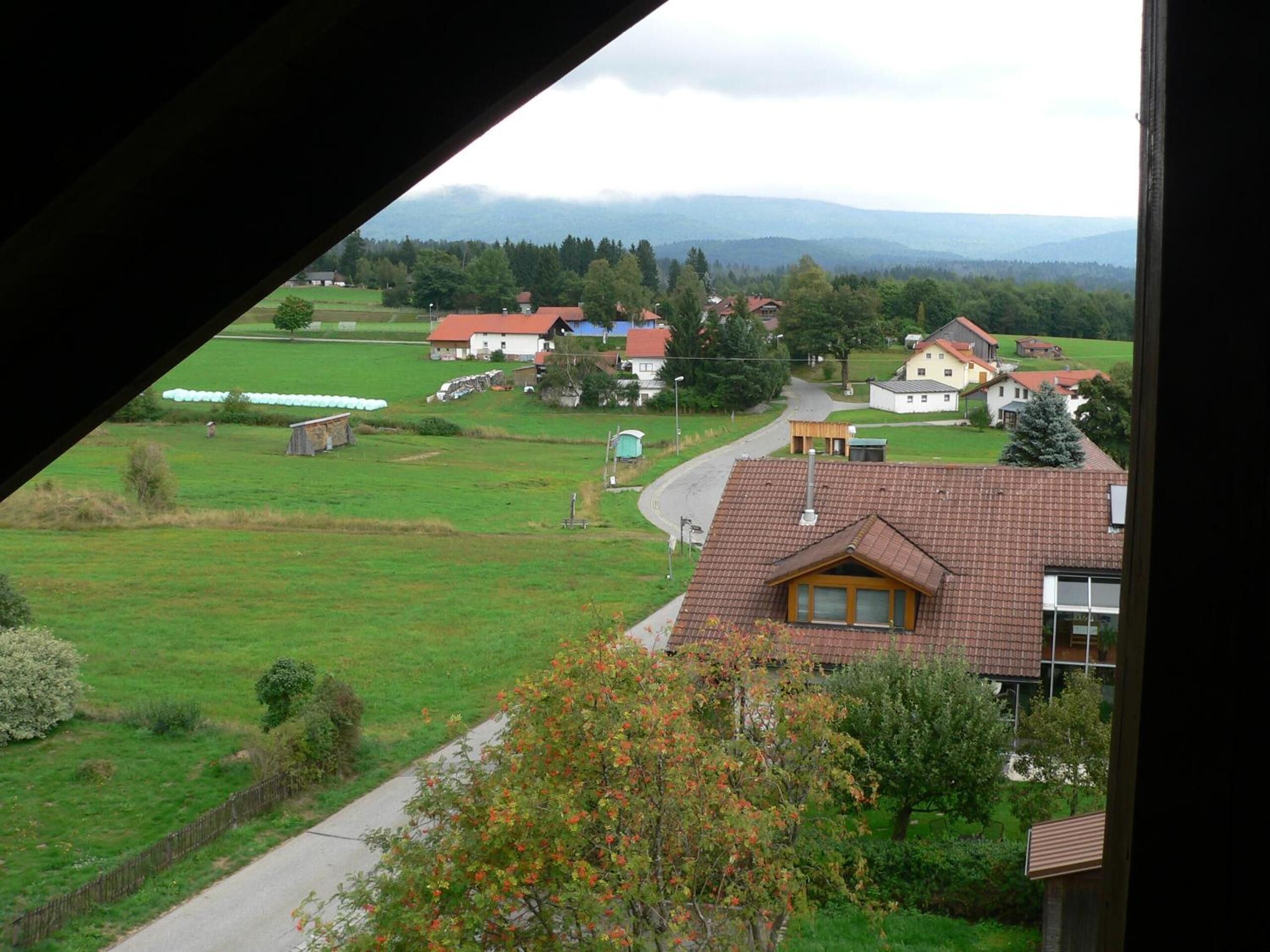 A rural landscape with houses, a road, and a field.