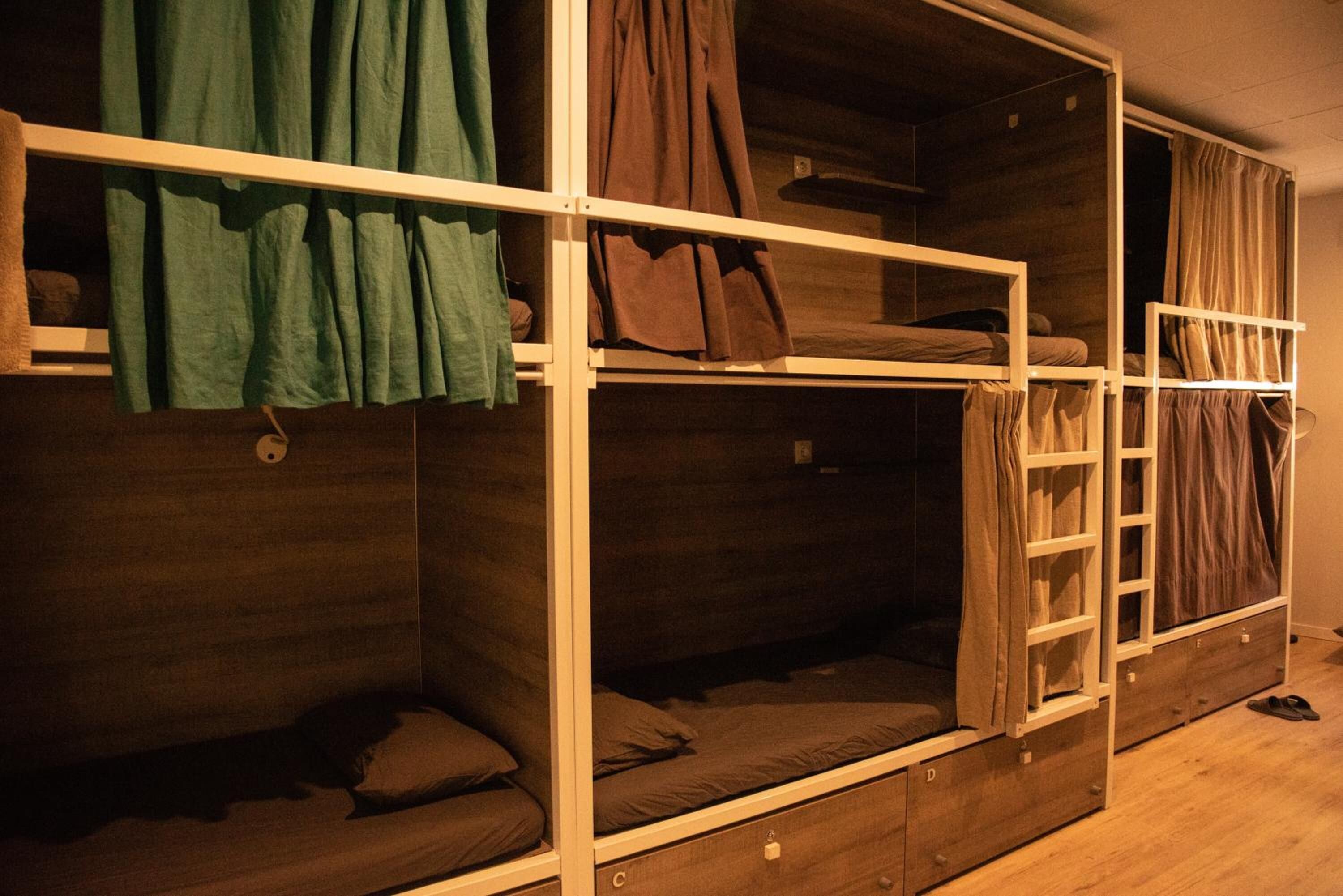 Une chambre avec un lit superposé, des murs en bois et une échelle.