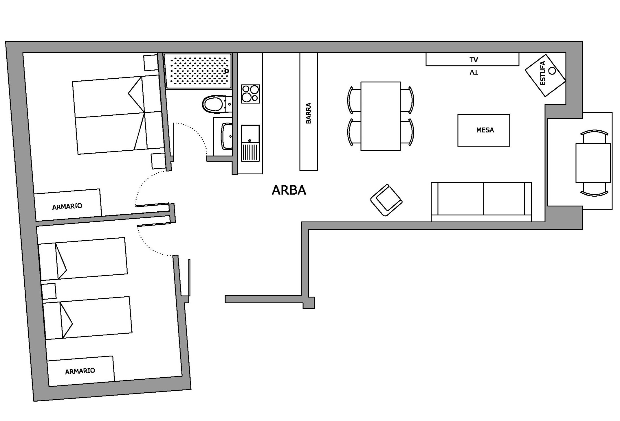 Plano de planta de un hotel que incluye un área ARBA, televisor, sala de televisión y un bar.
