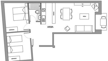 Plano de planta de un hotel que incluye un área ARBA, televisor, sala de televisión y un bar.