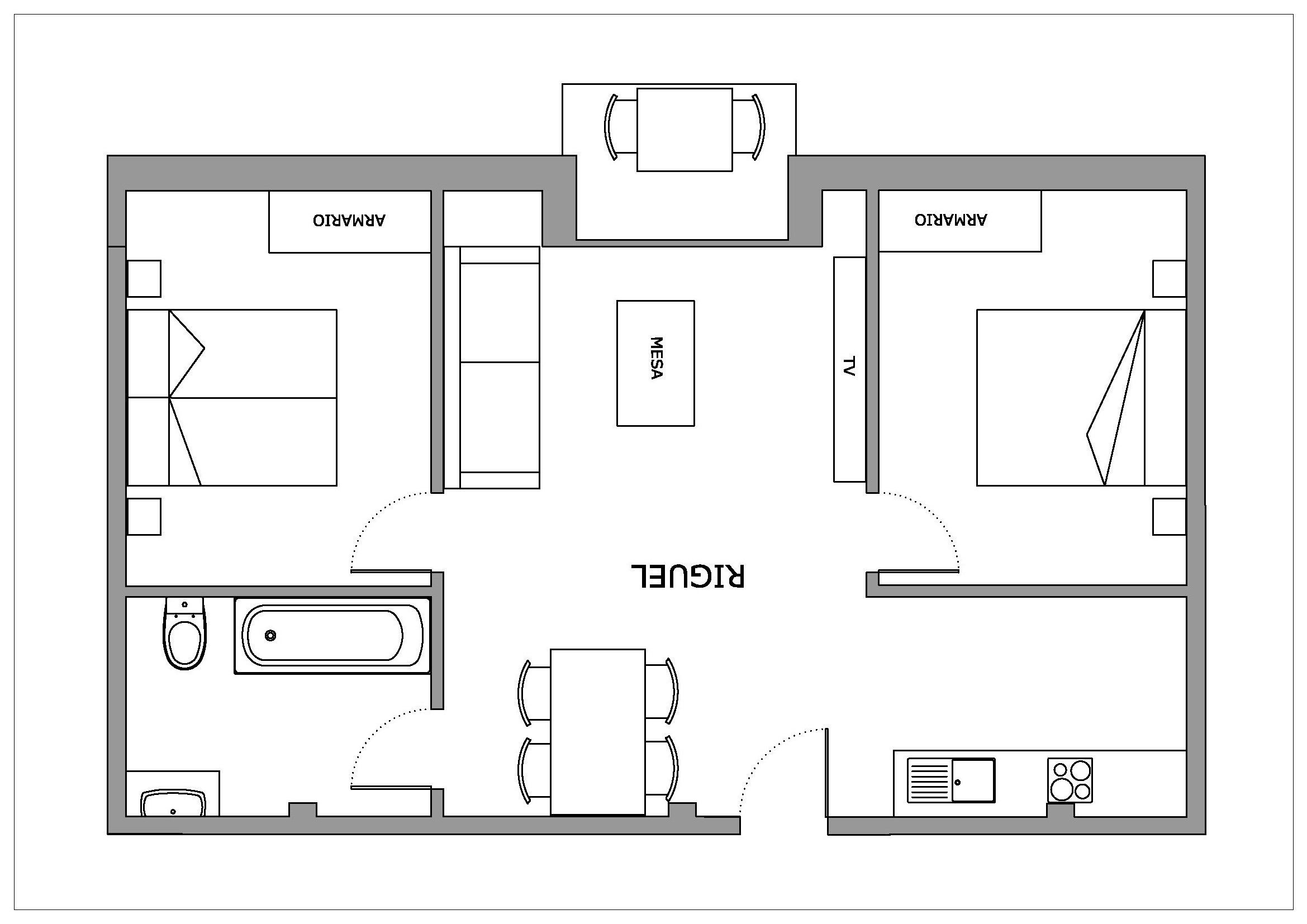 Distribución de un hotel con dos dormitorios, un baño, una cocina, comedor y sala de estar.