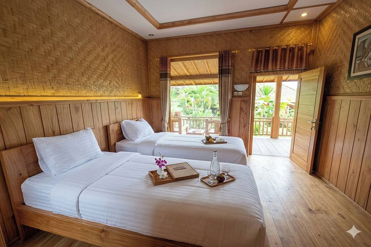 A room with two beds, wooden walls, a balcony, and a view of greenery.