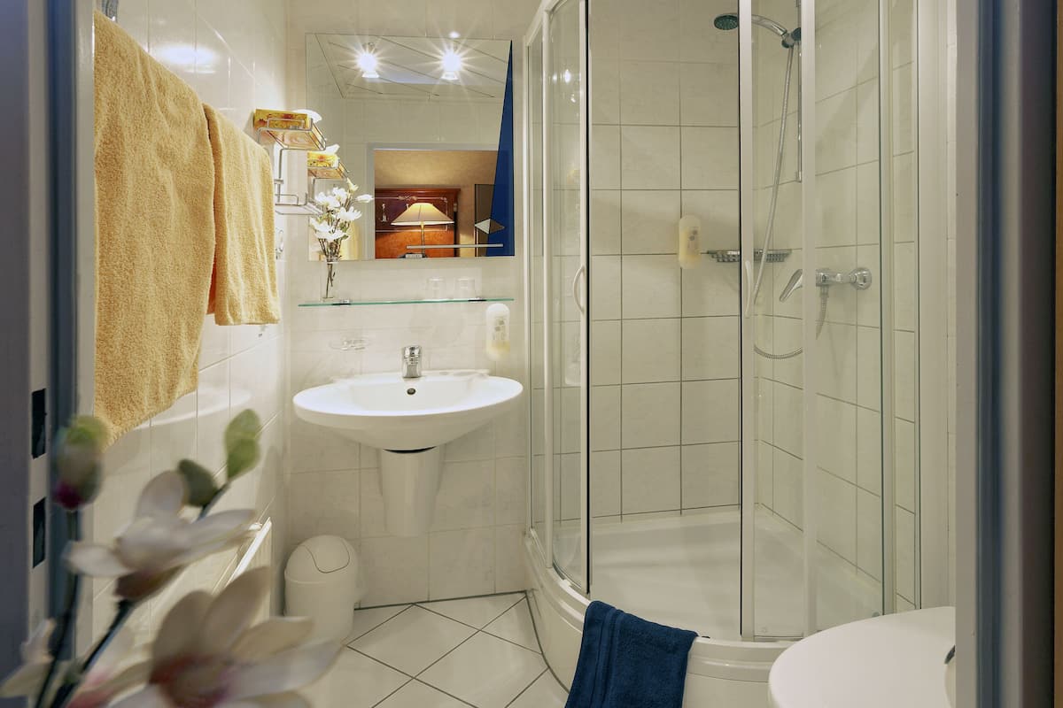 signature double room | bathroom | shower, free toiletries, hair dryer, towels