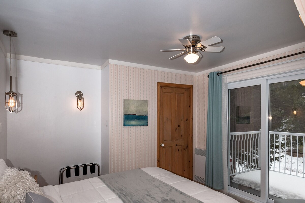 Ein Schlafzimmer mit Bett, Deckenventilator, Fenster mit Blick auf Schnee und einer Tür.