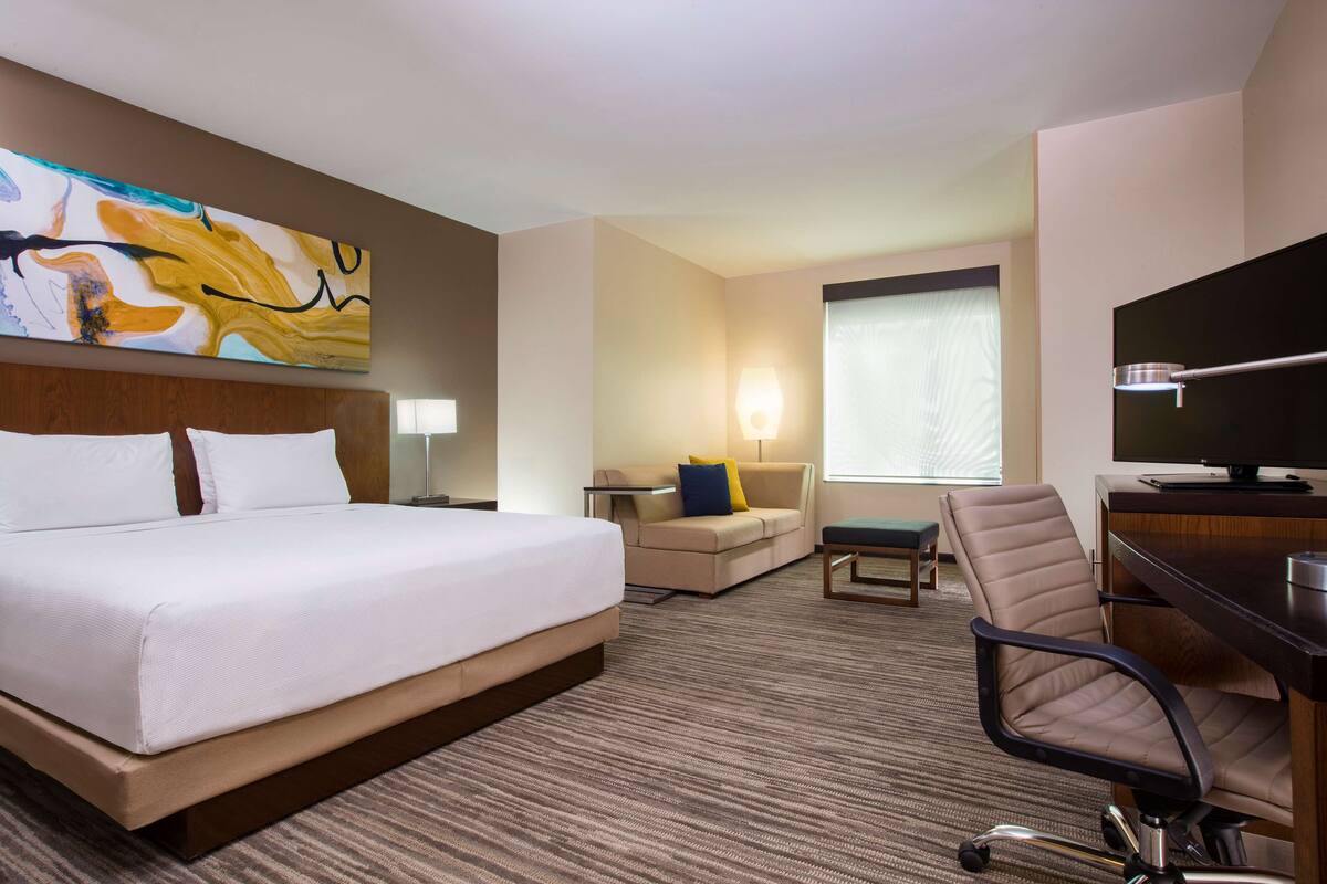 A hotel room with a large bed, a desk, a chair, a sofa, and a television.