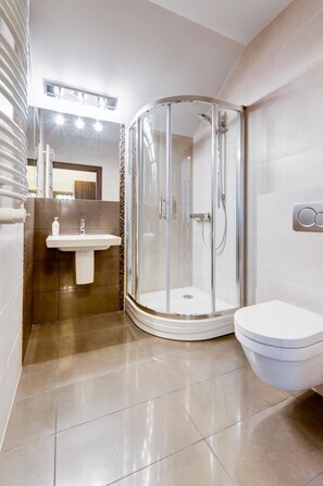 A modern bathroom with a glass-enclosed shower, a sink, and a toilet.