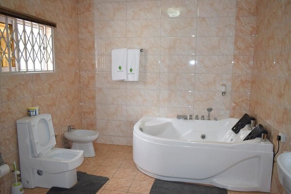 A bathroom with a toilet, bidet, and a large bathtub.