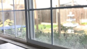 A window with a view of a garden and a wooden fence. - WHOLE Family - WholeStyl - Hostel (Sacramento)