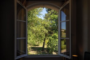 Una ventana arqueada abierta con vistas a un paisaje verde y exuberante.
