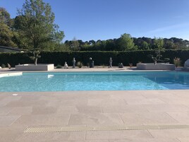 Una piscina con borde de baldosas, rodeada por un seto y estatuas.
