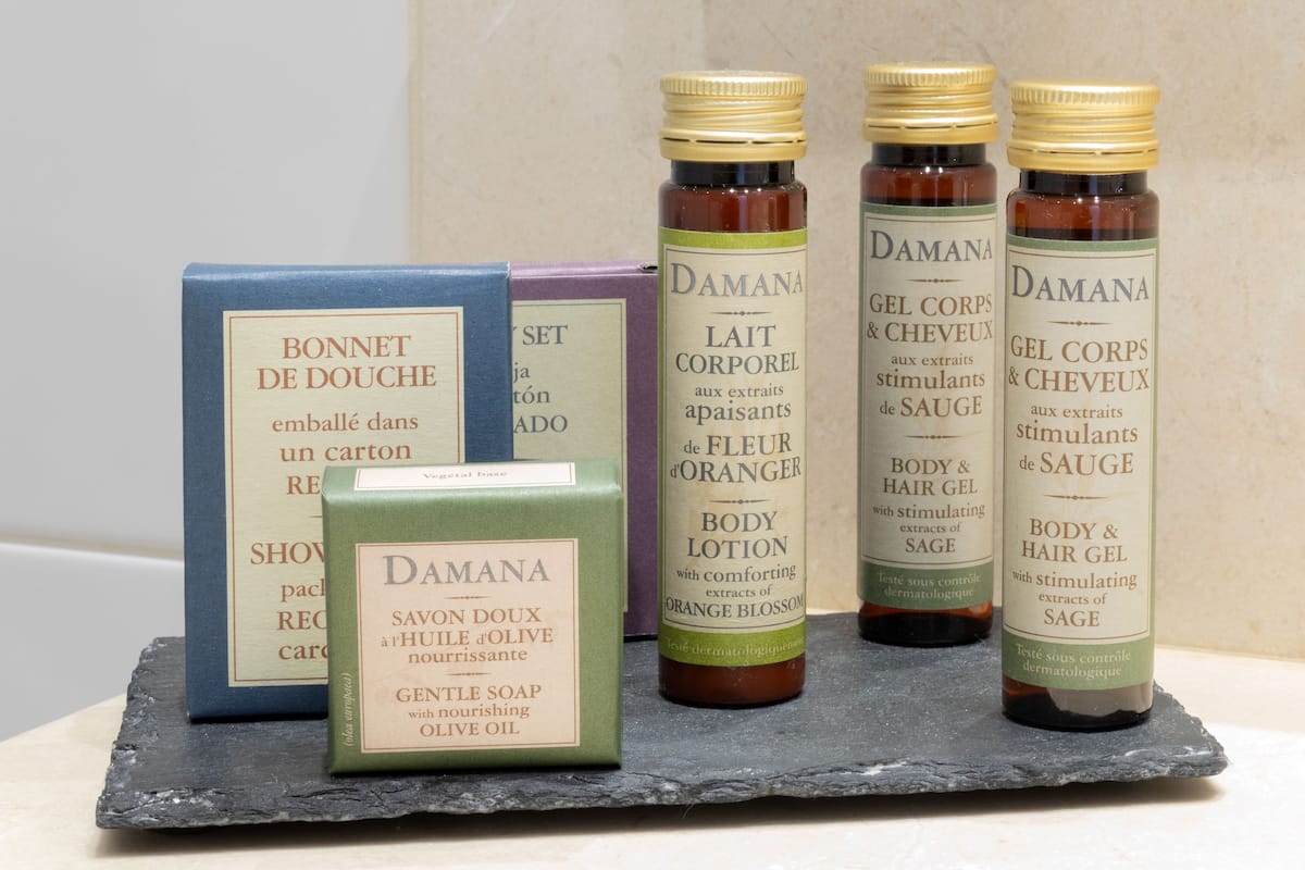 free toiletries, hair dryer, towels, soap