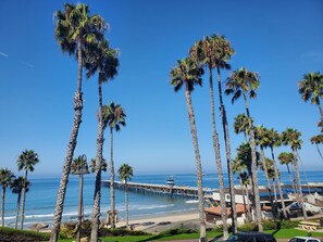 A coastal view with tall palm trees, a pier extending into the ocean, and a beach with buildings in the background. - Sea Horse Resort (San Clemente)